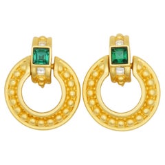 Givenchy Vintage Rare Gold Emerald Square Circle Dots Door Knocker Drop Earrings