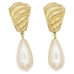 Givenchy Vintage Rare Gold White Pearl Tear Water Drop Hoop Drop Clip Earrings
