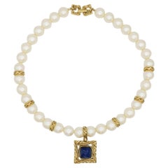 Givenchy Vintage Sapphire Pearls Baroque Square Pendant Large White Necklace