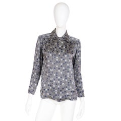 Givenchy Vintage Slate Blue & Grey Polka Dot Check Silk Blouse