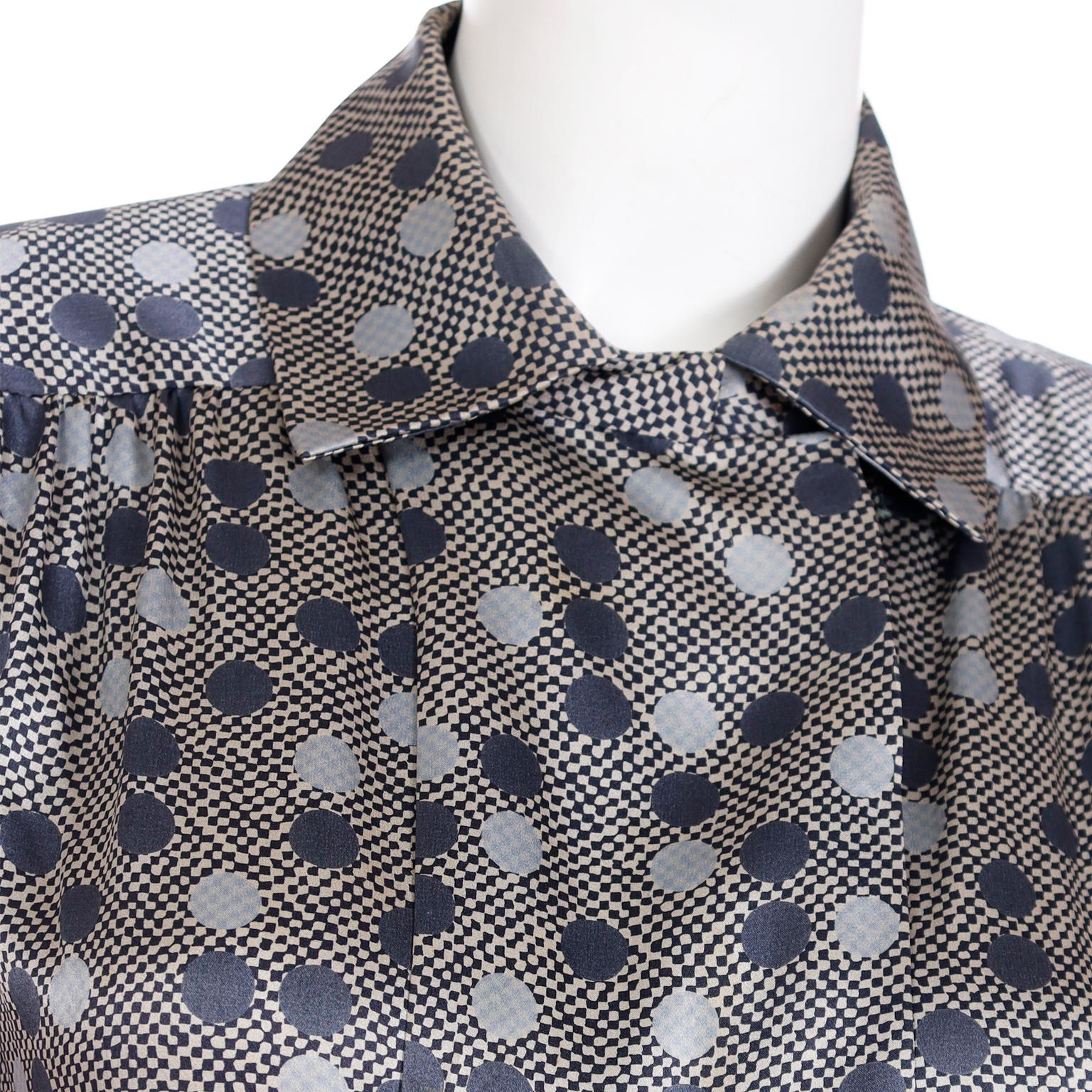 Gray Givenchy Vintage Slate Blue & Grey Polka Dot Check Silk Blouse For Sale