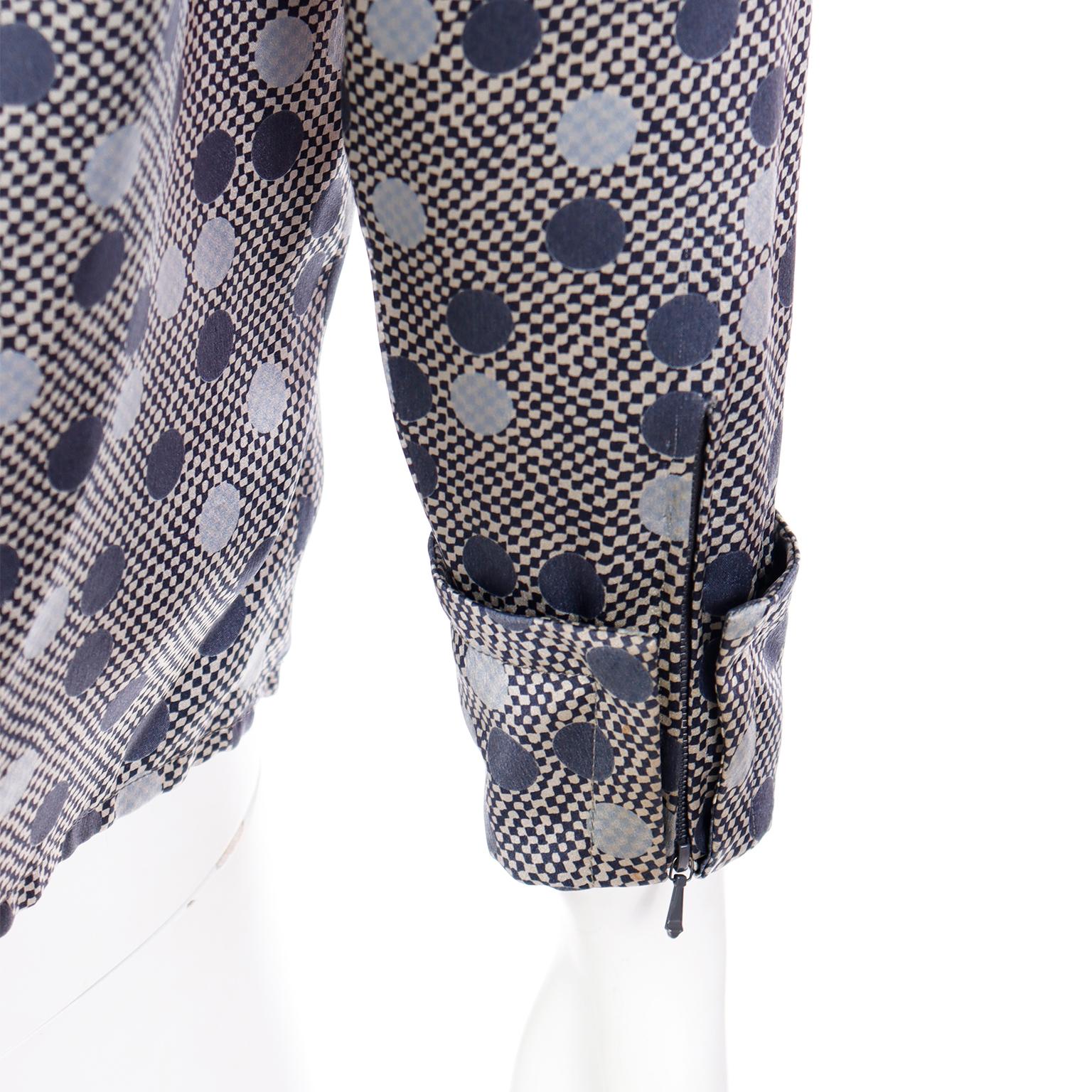 Givenchy Vintage Slate Blue & Grey Polka Dot Check Silk Blouse In Excellent Condition For Sale In Portland, OR