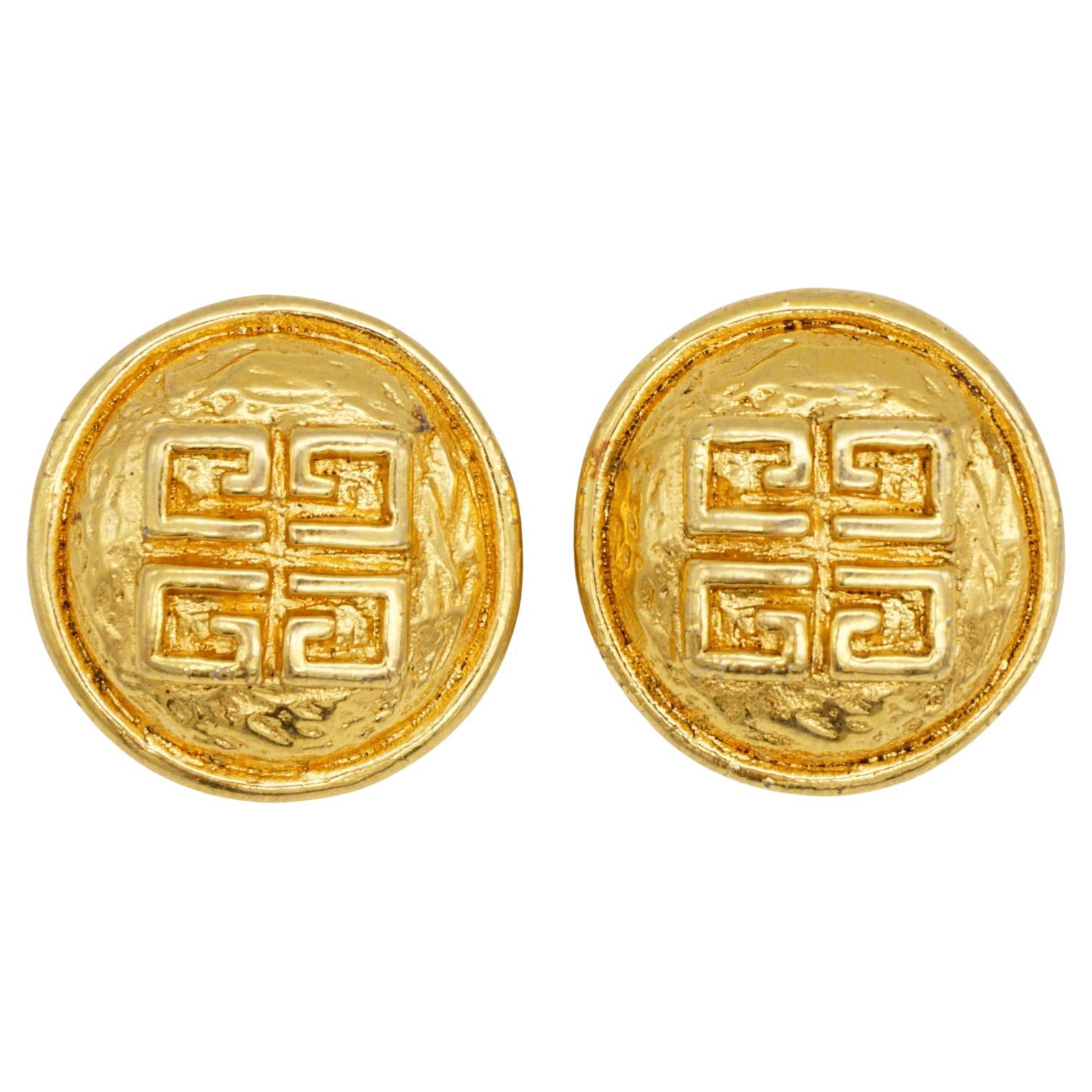 Givenchy Vintage Textured Large 4G Logo Monogram Relief Round Chunky Earrings For Sale