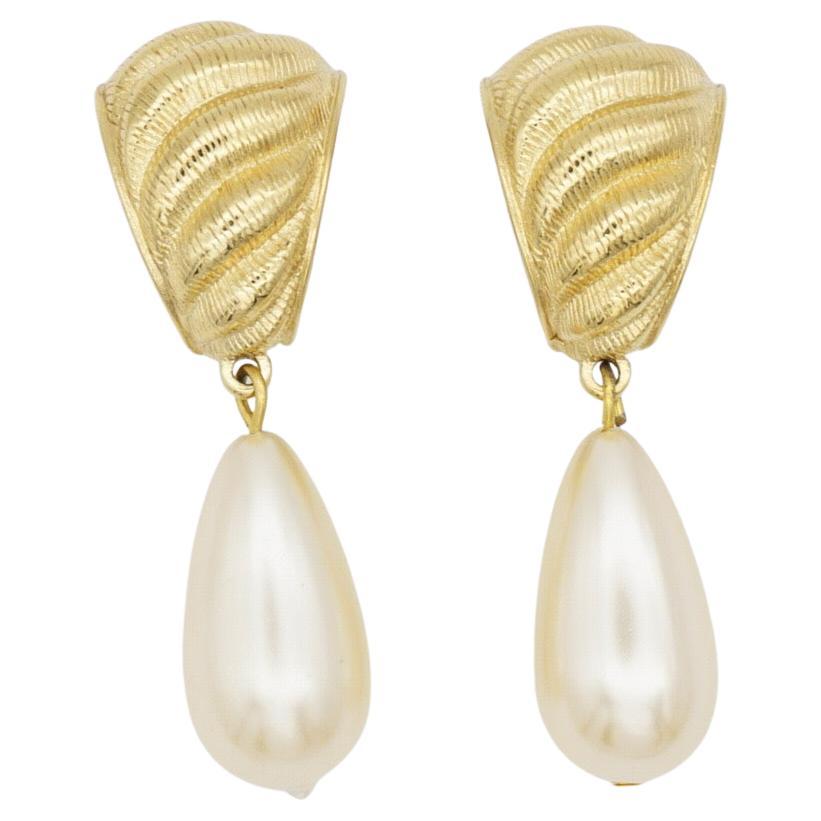 Givenchy Vintage Textured White Pearl Tear Water Drop Hoop Dangle Clip Earrings For Sale