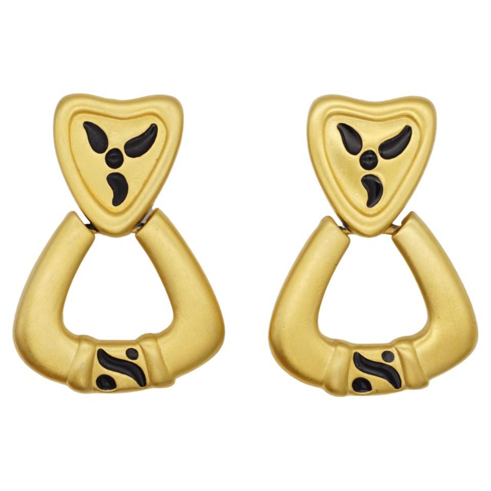 Givenchy Vintage Triangle Heart Love Black Hoop Matte Chunky Hoop Drop Earrings