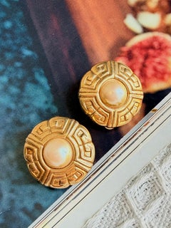 Givenchy Vintage Unisex Gold Rare Large Round White Pearl Relief 4G Earrings