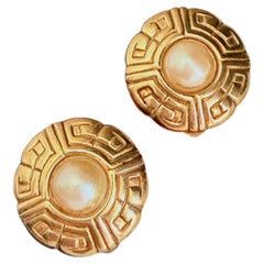 Givenchy Vintage Unisex Gold Rare Large Round White Pearl Relief 4G Earrings