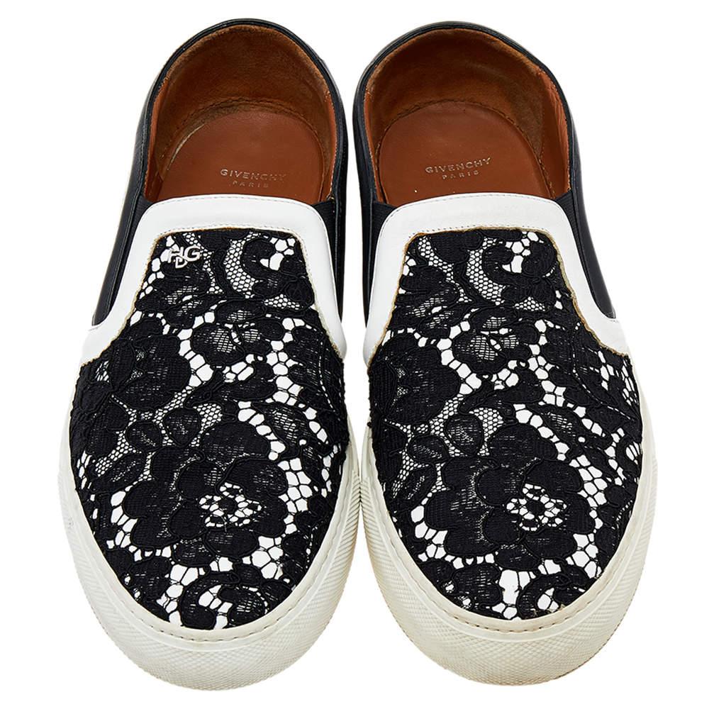 Gray Givenchy White/Black Lace And Leather Slip on Sneakers Size 41