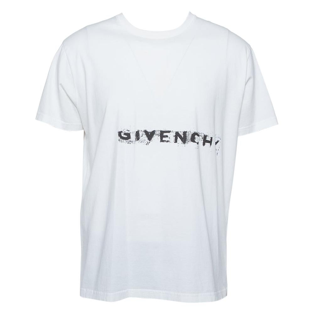 Givenchy White Cotton Logo Printed Crewneck Distressed T-Shirt L