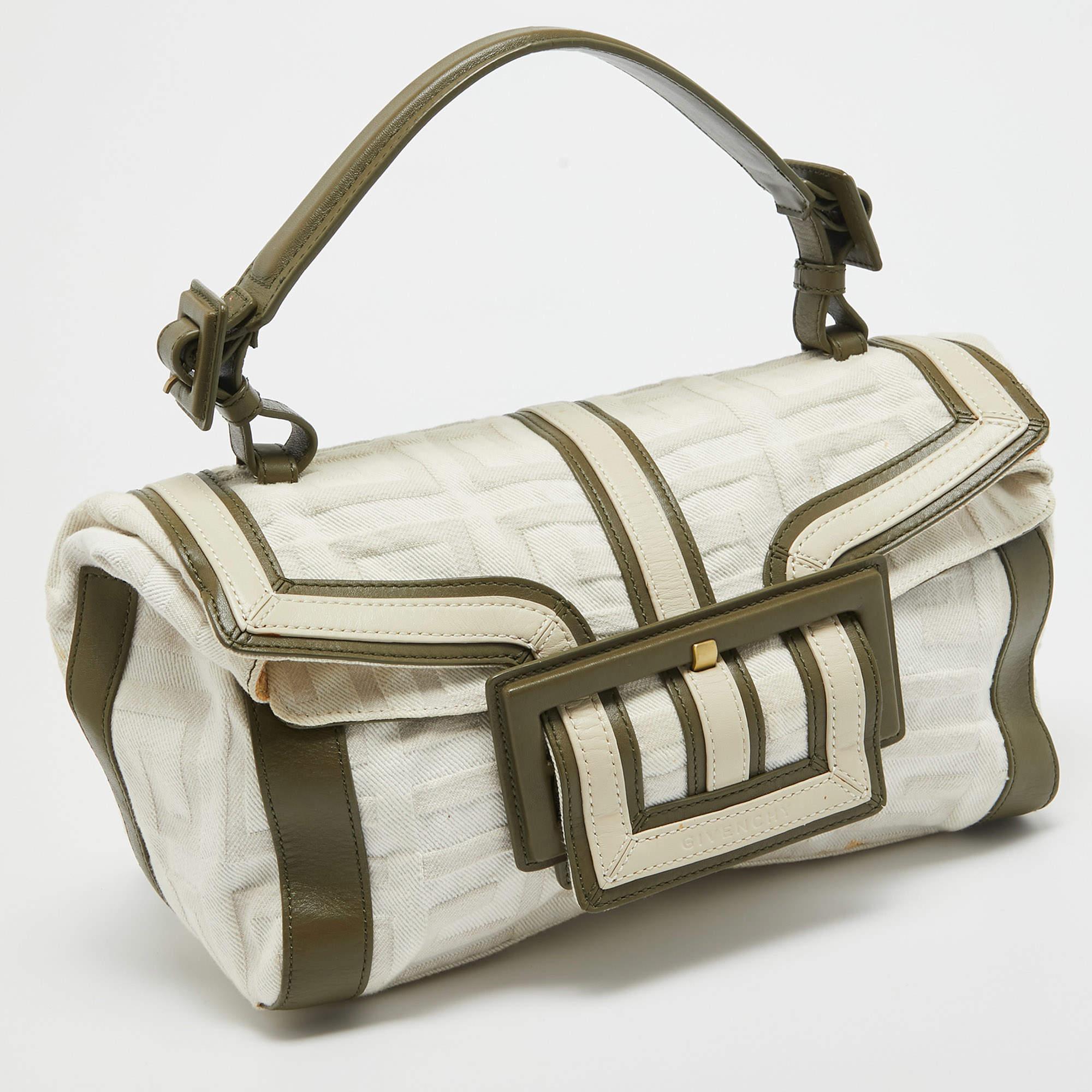 Givenchy White/Olive Green Signature Fabric and Leather Top Handle Bag 5