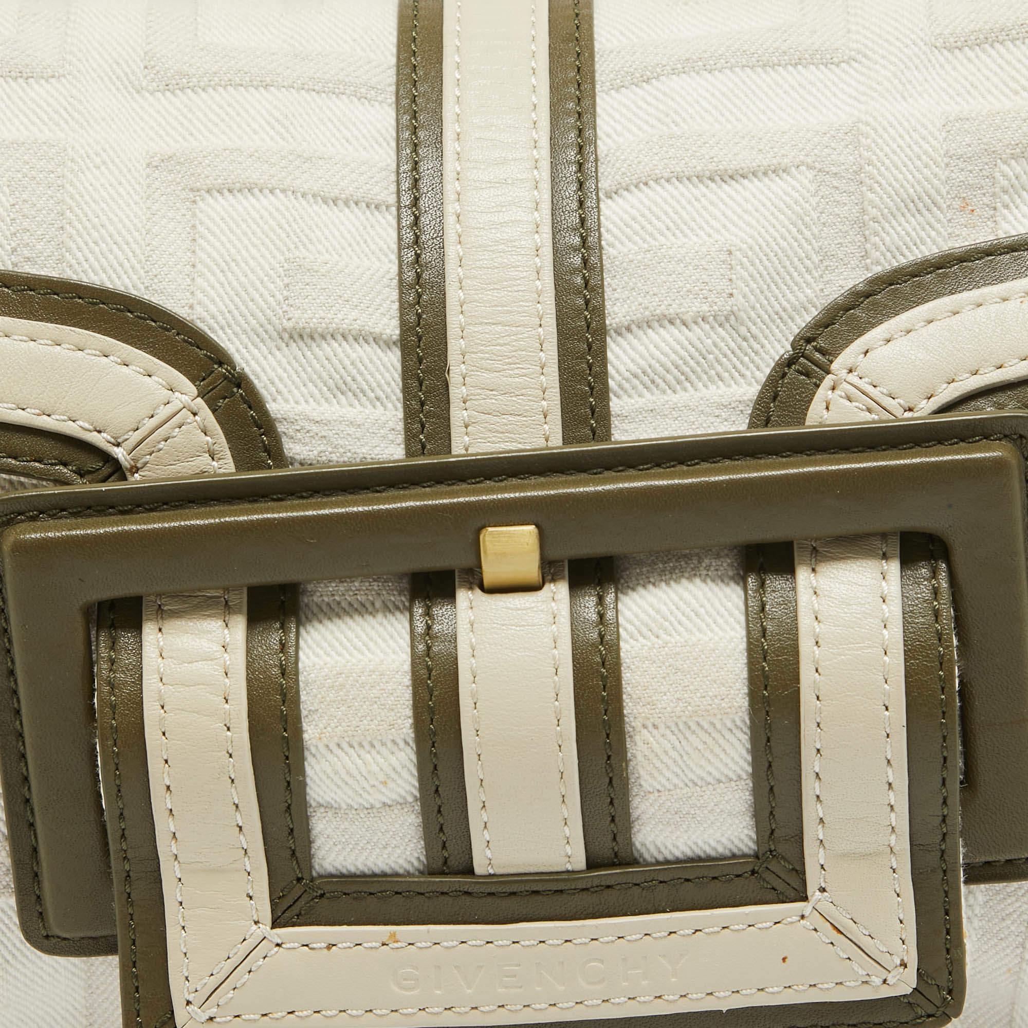 Givenchy Weiße/Olivgrüne Signature-Handtasche aus Stoff und Leder mit Griff oben im Angebot 7