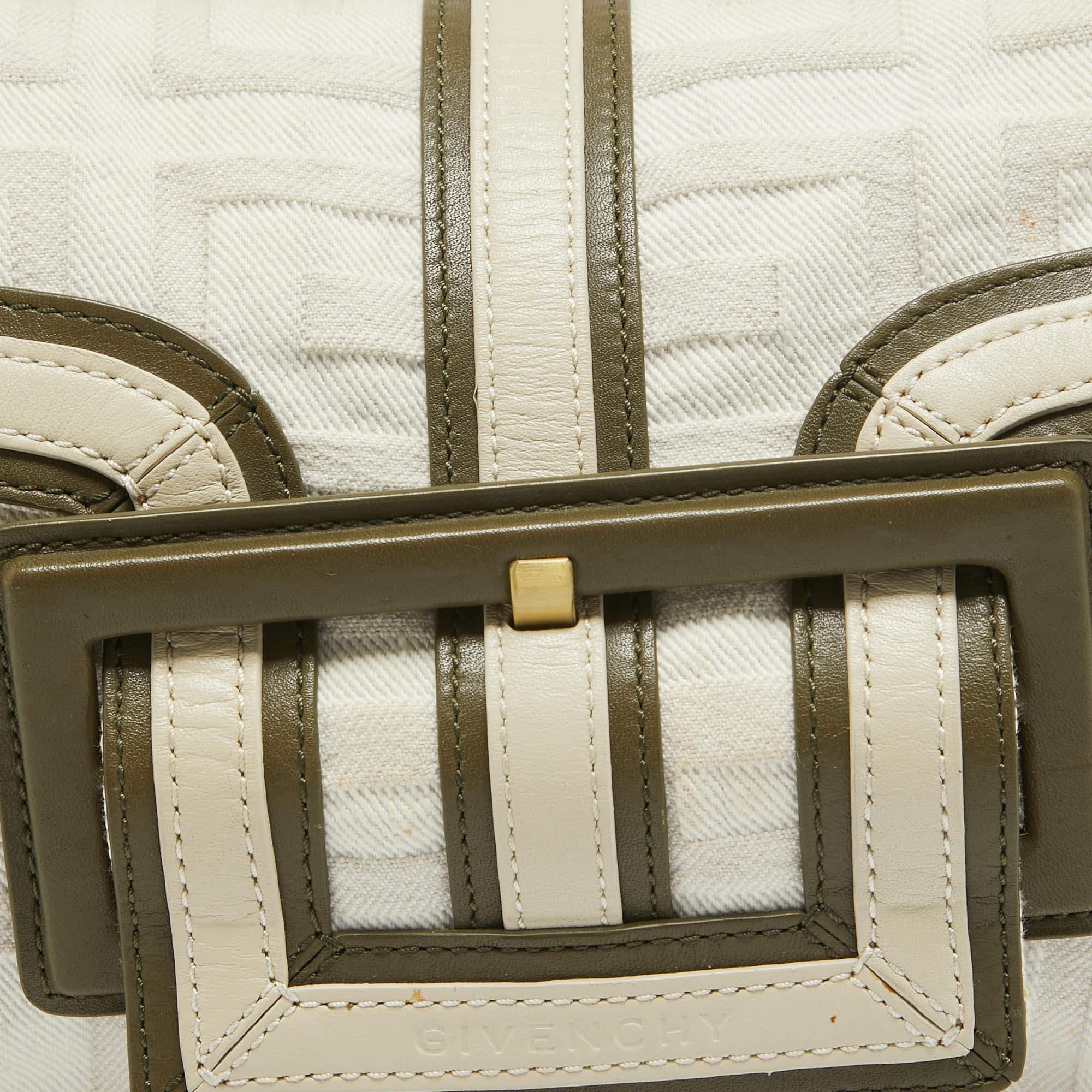 Givenchy White/Olive Green Signature Fabric and Leather Top Handle Bag In Good Condition In Dubai, Al Qouz 2