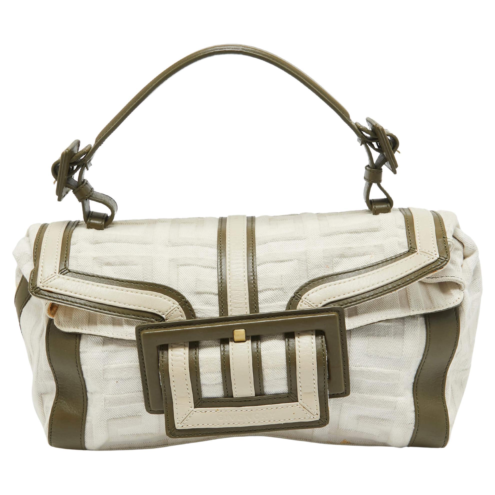 Givenchy White/Olive Green Signature Fabric and Leather Top Handle Bag For Sale