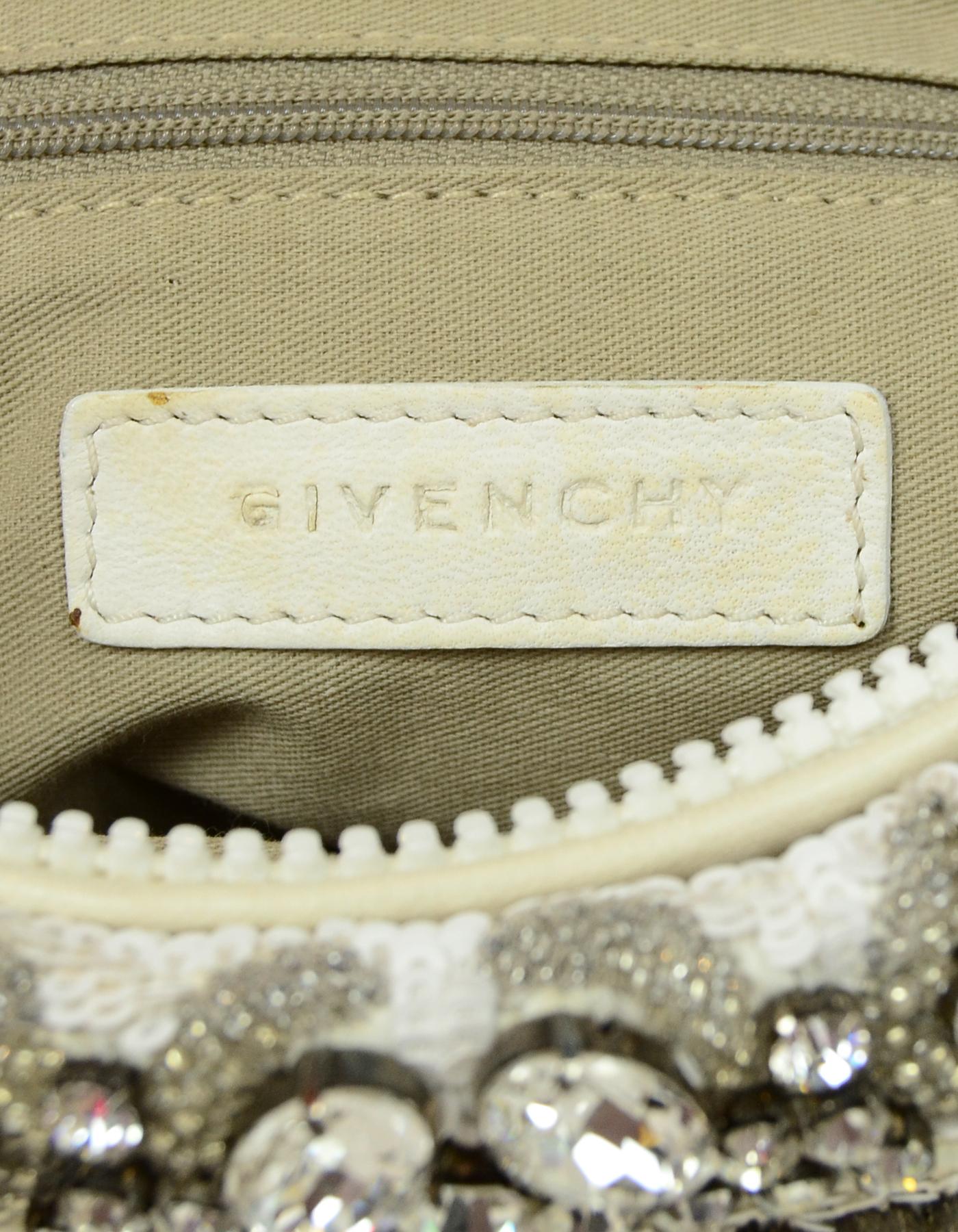 Givenchy White Sequin & Crystal Embellished Mini Pandora Clutch Bag In Excellent Condition In New York, NY