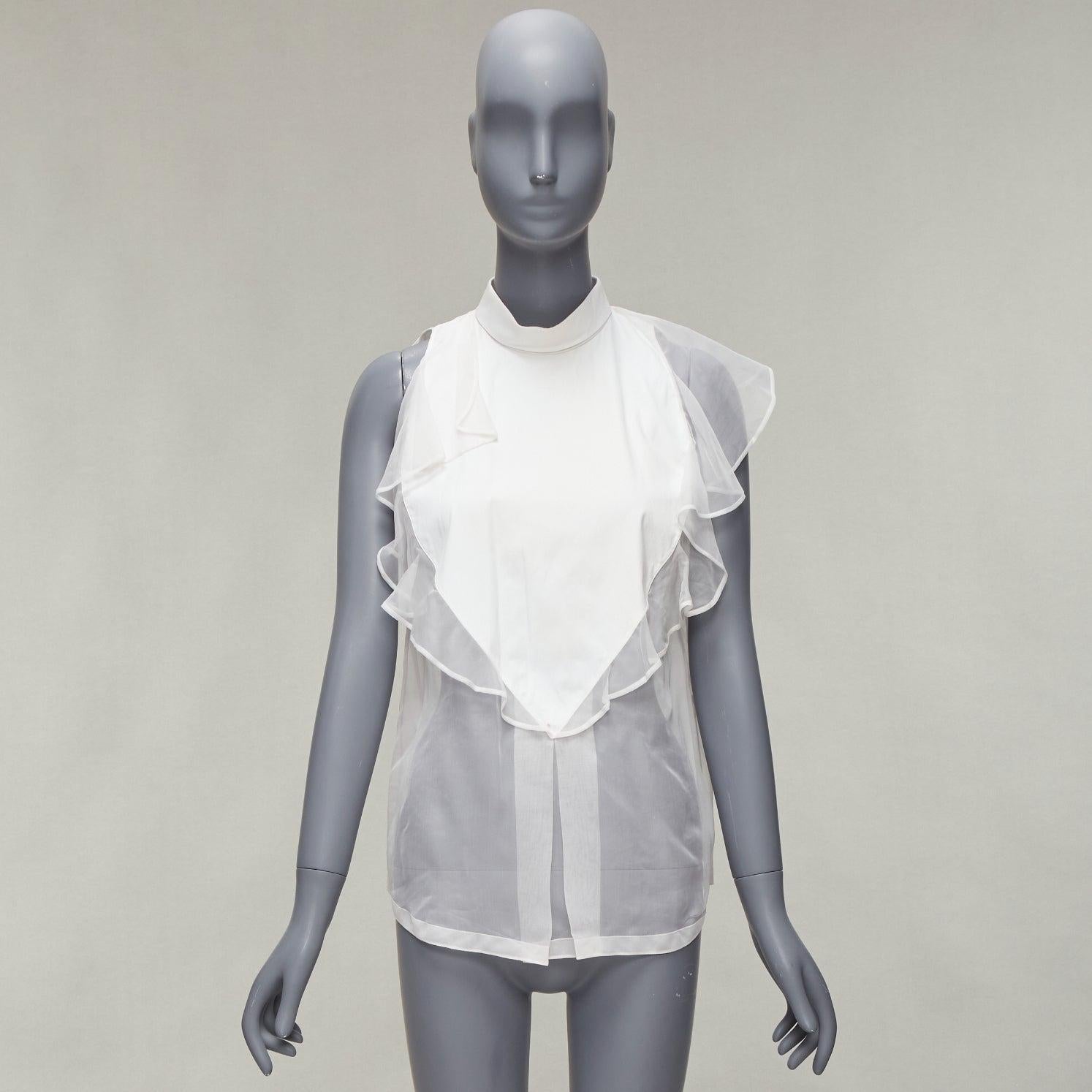 GIVENCHY white silky sheer ruffles front hi neck collar sleeveless shirt For Sale 6