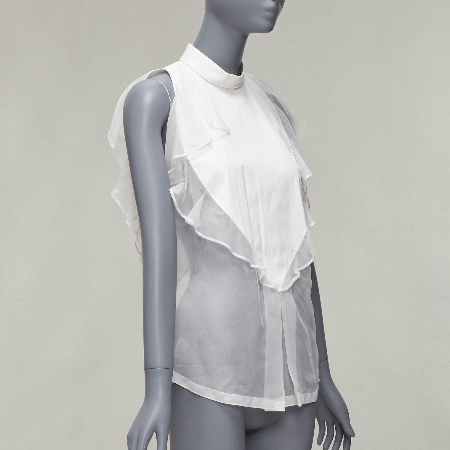 Gray GIVENCHY white silky sheer ruffles front hi neck collar sleeveless shirt For Sale