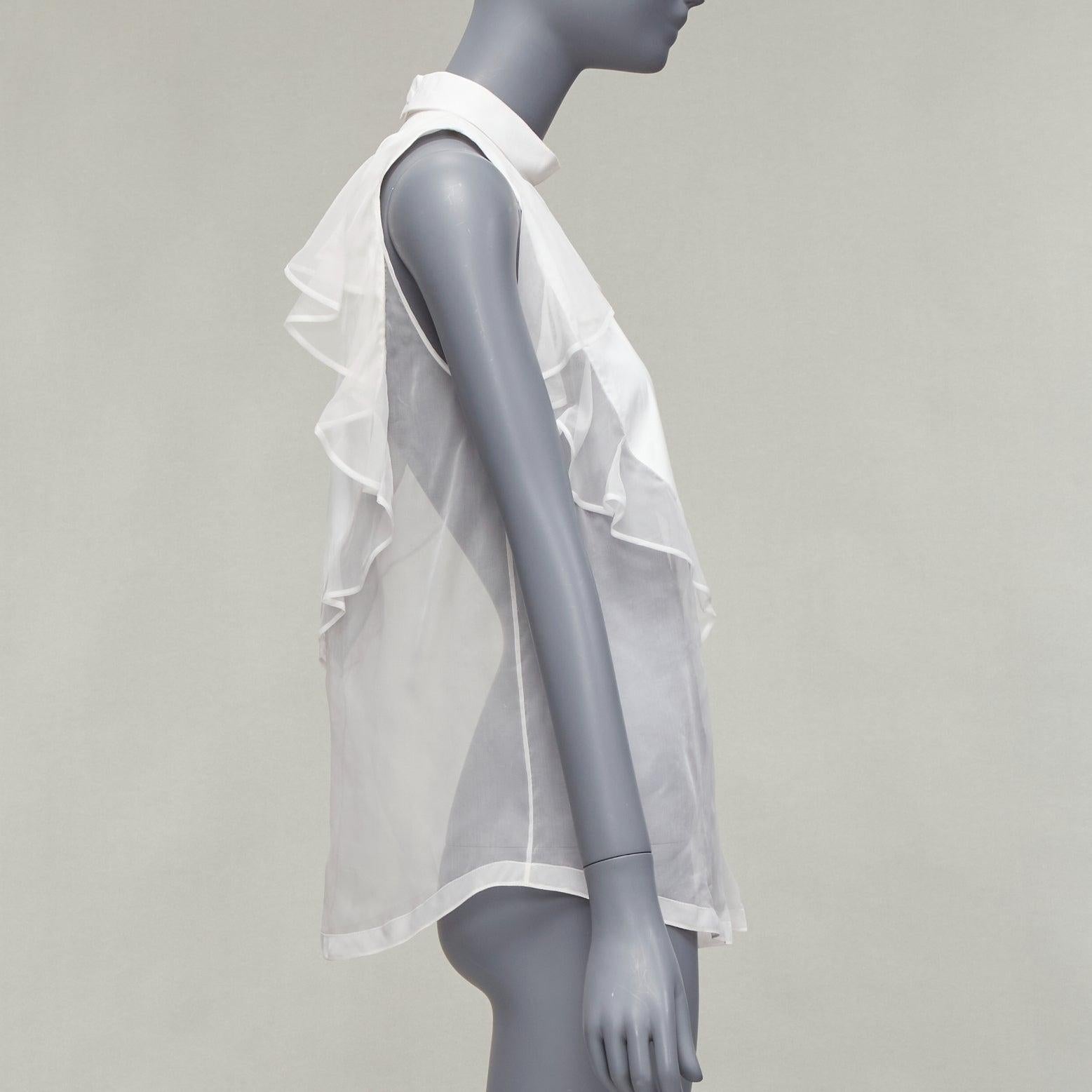 GIVENCHY white silky sheer ruffles front hi neck collar sleeveless shirt In Fair Condition For Sale In Hong Kong, NT