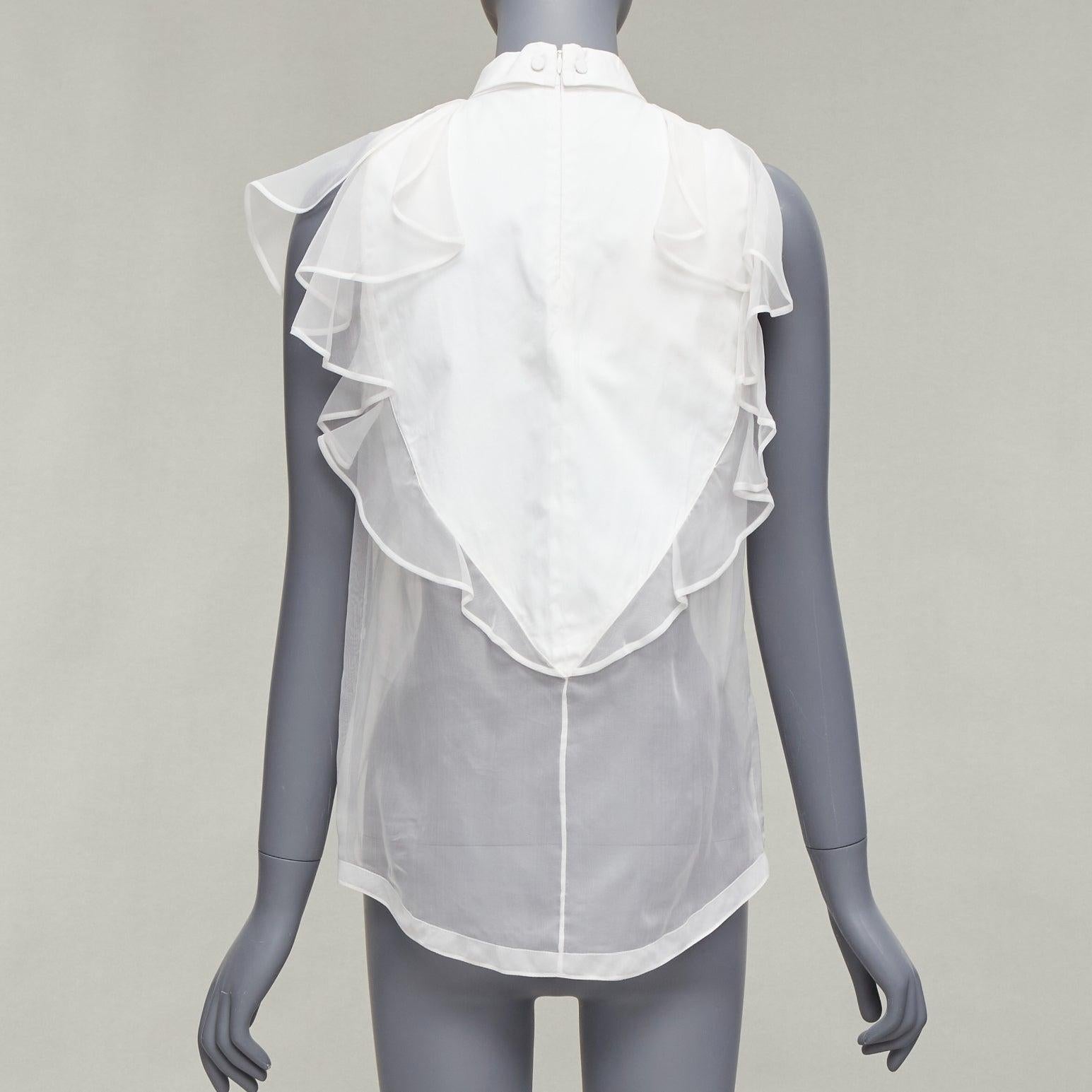 Women's GIVENCHY white silky sheer ruffles front hi neck collar sleeveless shirt For Sale
