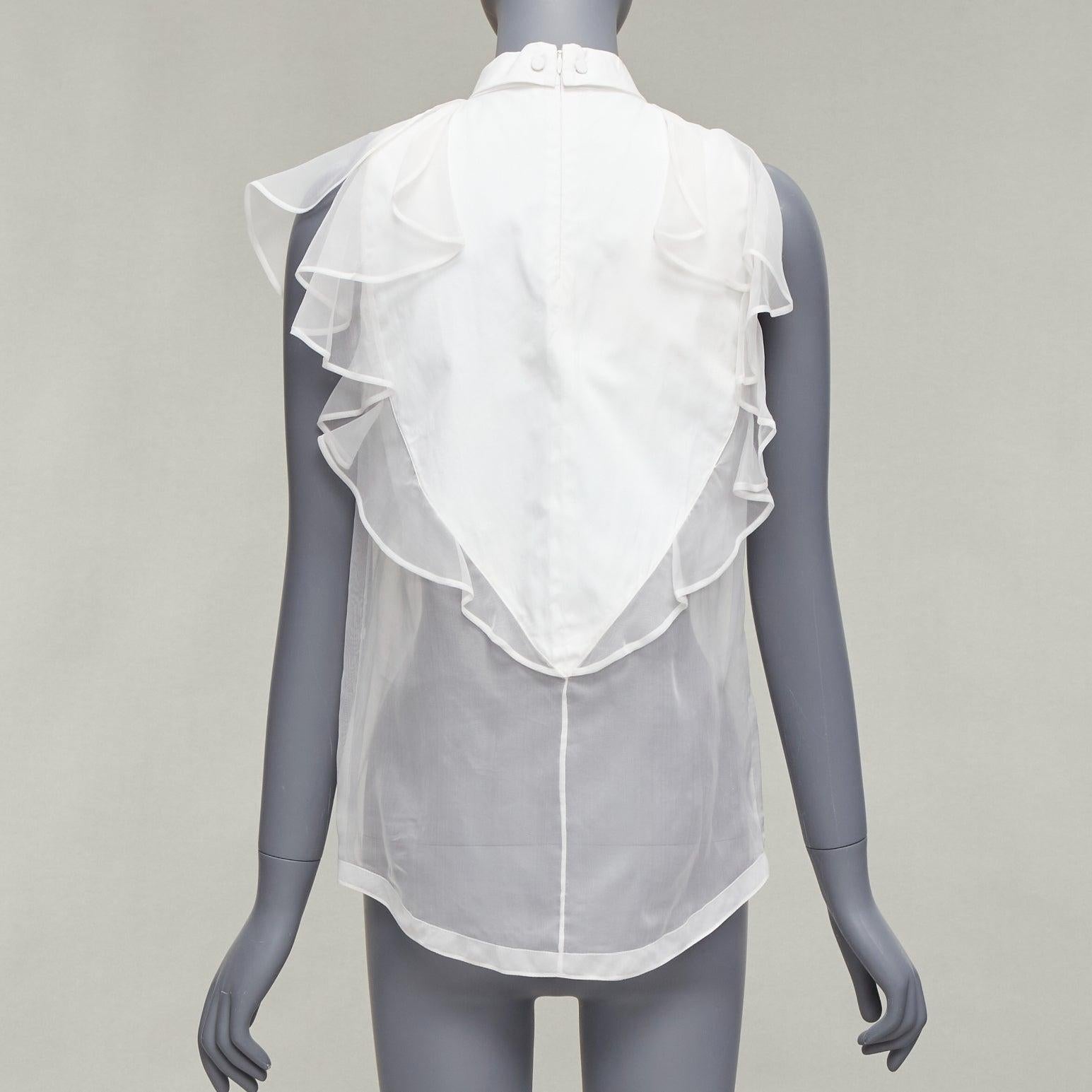 GIVENCHY white silky sheer ruffles front hi neck collar sleeveless shirt For Sale 1