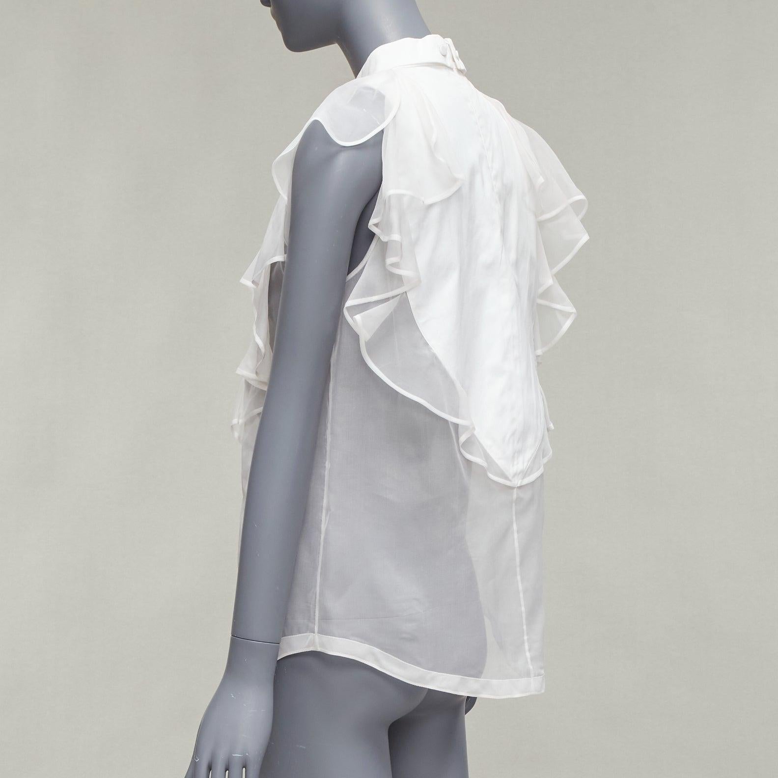 GIVENCHY white silky sheer ruffles front hi neck collar sleeveless shirt For Sale 1