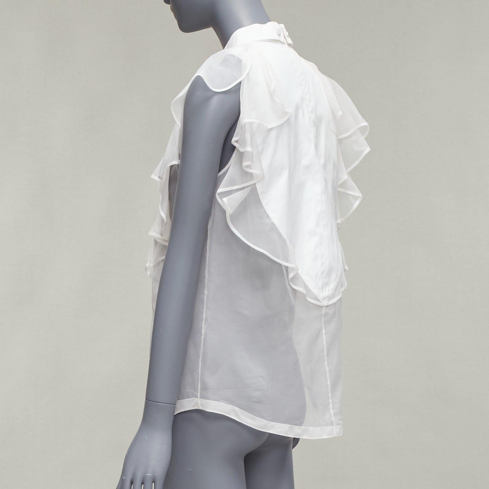 GIVENCHY white silky sheer ruffles front hi neck collar sleeveless shirt For Sale 2
