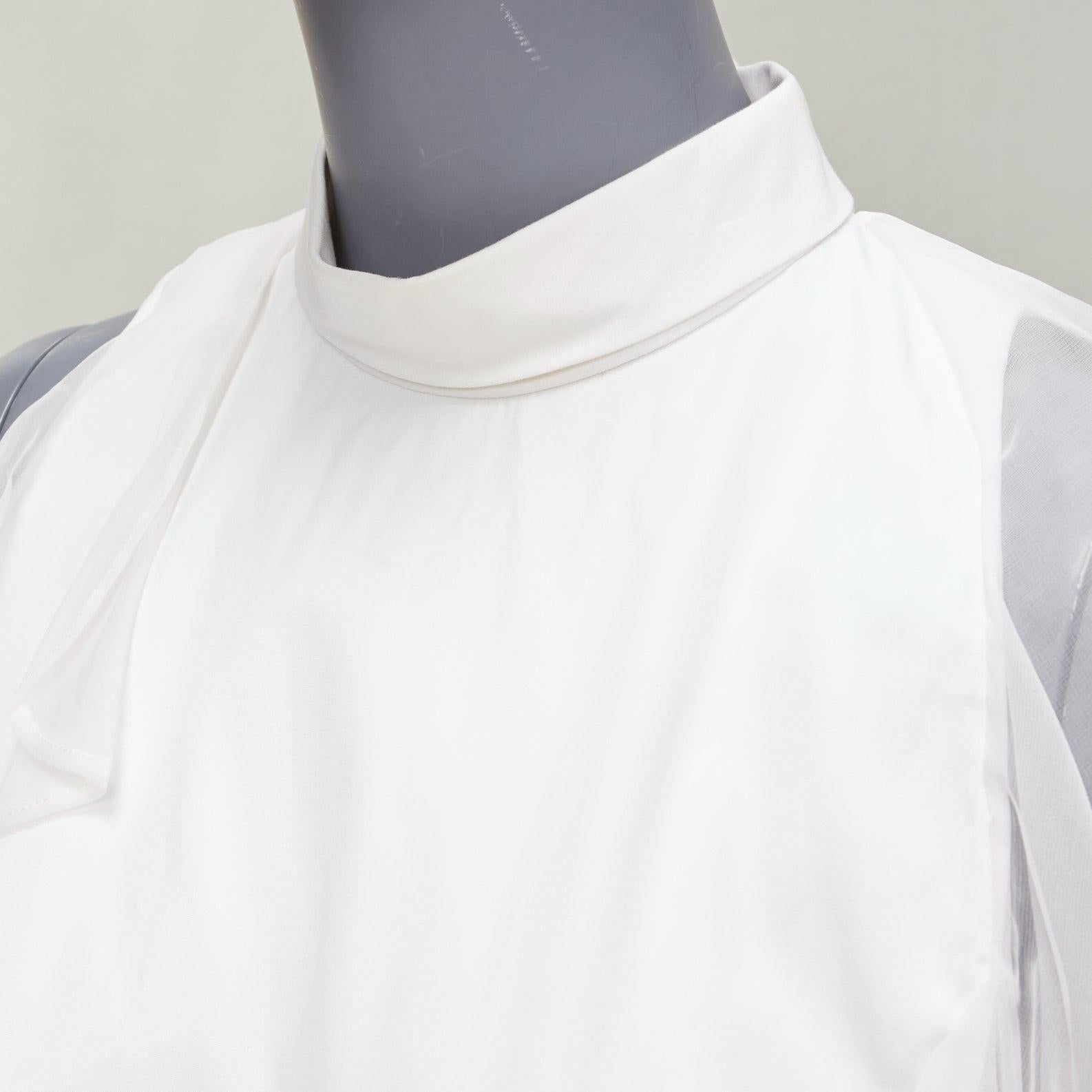 GIVENCHY white silky sheer ruffles front hi neck collar sleeveless shirt For Sale 2