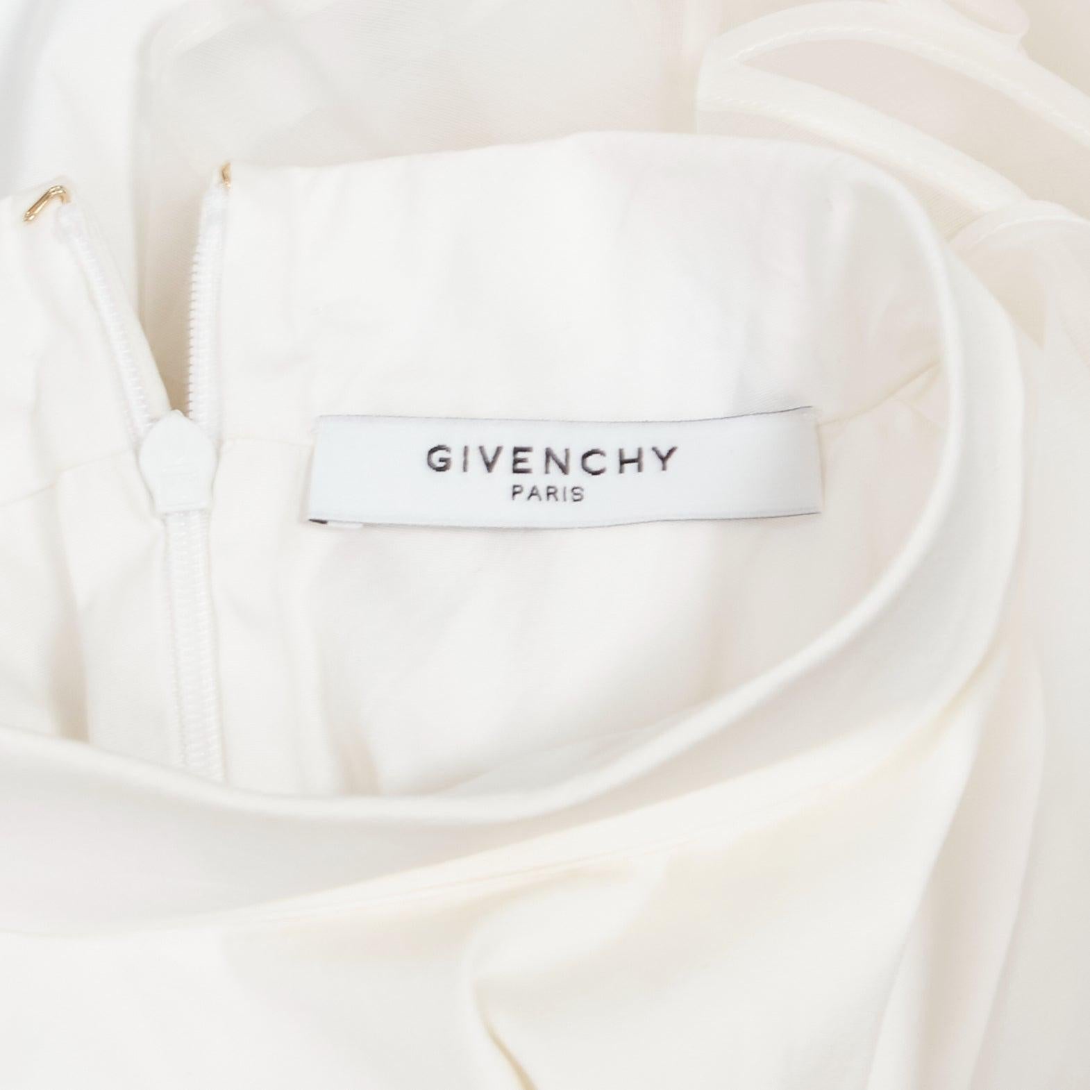 GIVENCHY white silky sheer ruffles front hi neck collar sleeveless shirt For Sale 4