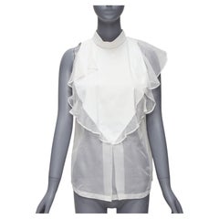 GIVENCHY white silky sheer ruffles front hi neck collar sleeveless shirt