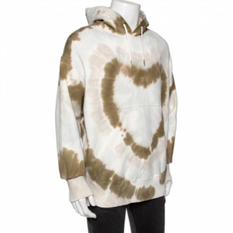 Bianco Givenchy S.S. White, felpa con cappuccio in cotone stampata con cuore tie-dye, con cappuccio oversize in vendita
