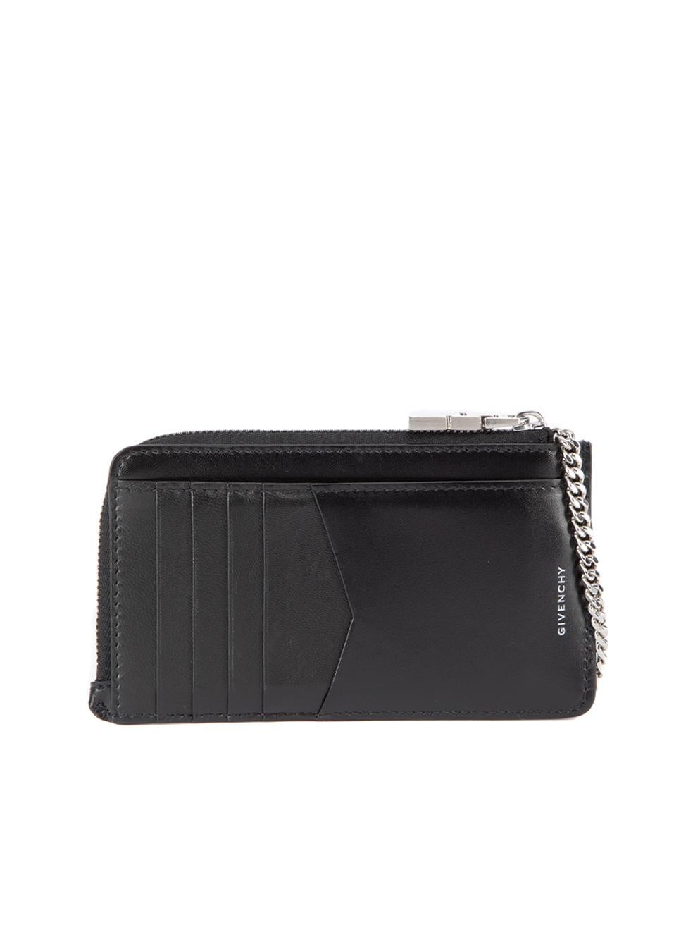 CONDITION is Never Worn. No visible wear to wallet is evident on this used Givenchy designer resale item. This item includes the original dustbag and box. Details Black Leather Wallet 4G Brand logo on buttoned pocket 1x Chained hook for attachment