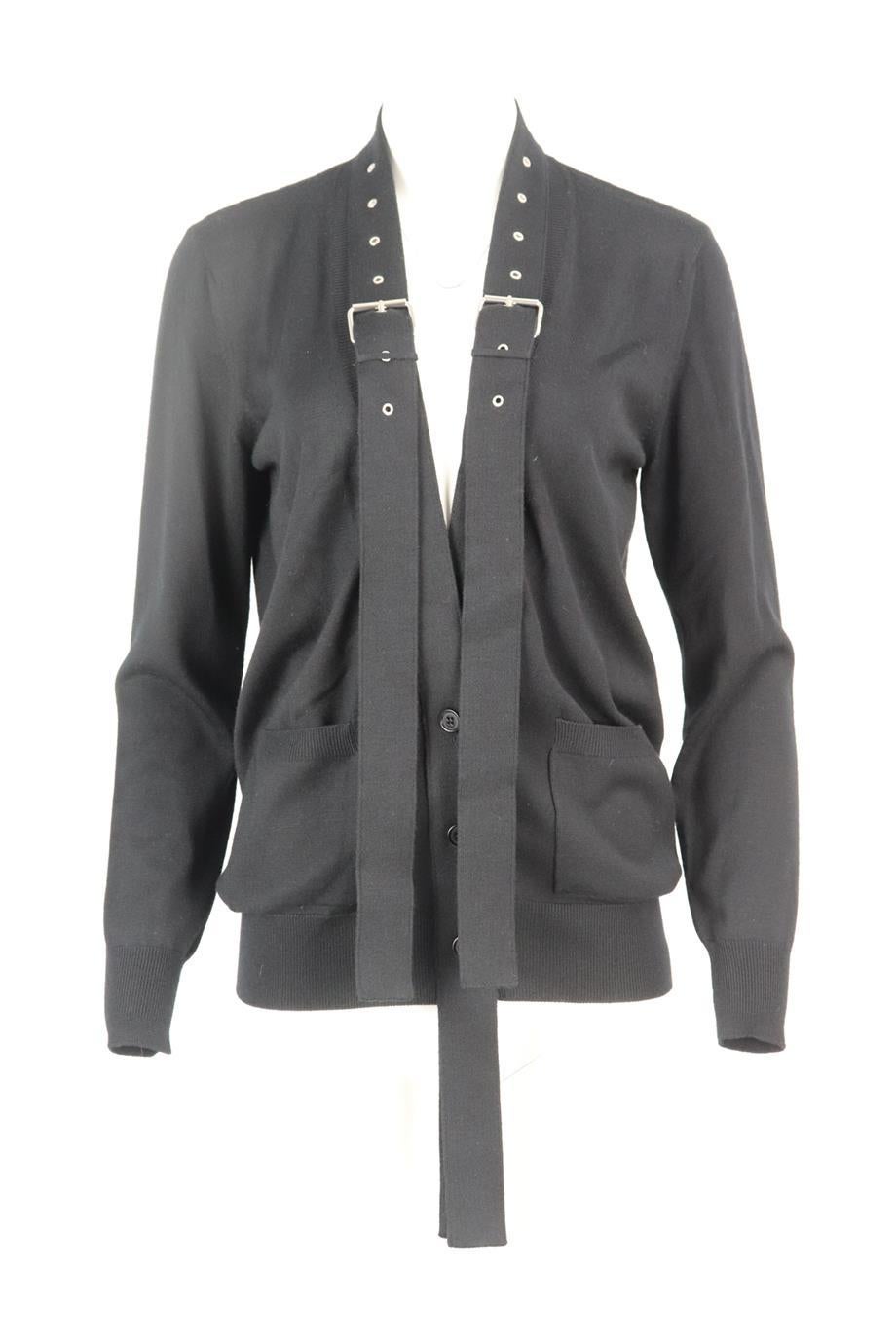 Givenchy wool and silk blend cardigan. Black. Long sleeve, v-neck. Button fastening at front. 70% Wool, 30% silk; fabric2: 60% viscose, 40% cotton. Size: Small (UK 8, US 4, FR 36, IT 40). Bust: 38.4 in. Waist: 38 in. Hips: 31 in. Length: 27.5 in.
