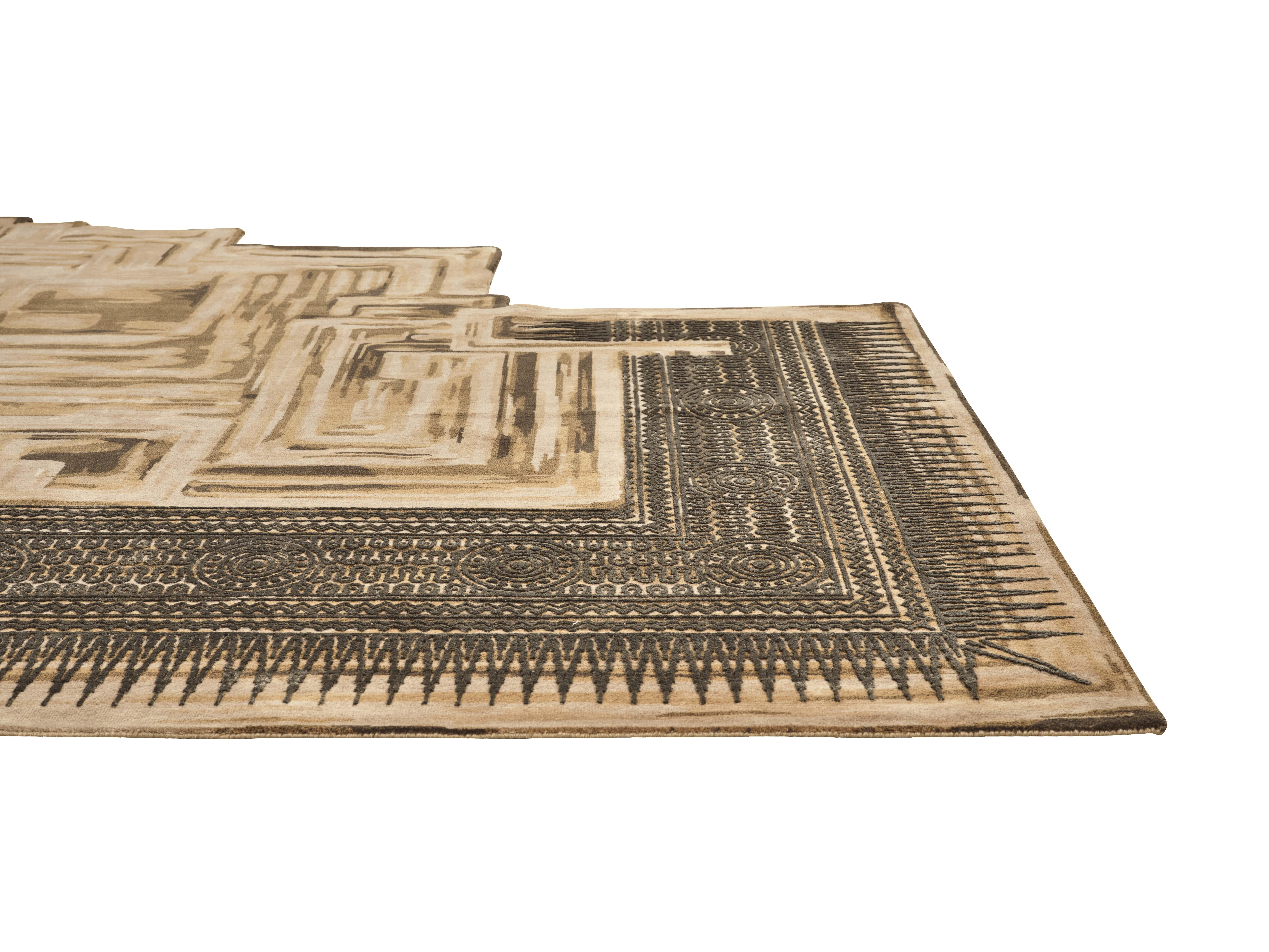 Hand-Knotted GIZEM Hand Knotted Transitional Modern Shaped Rug in Brown Gold Colour by Hands For Sale