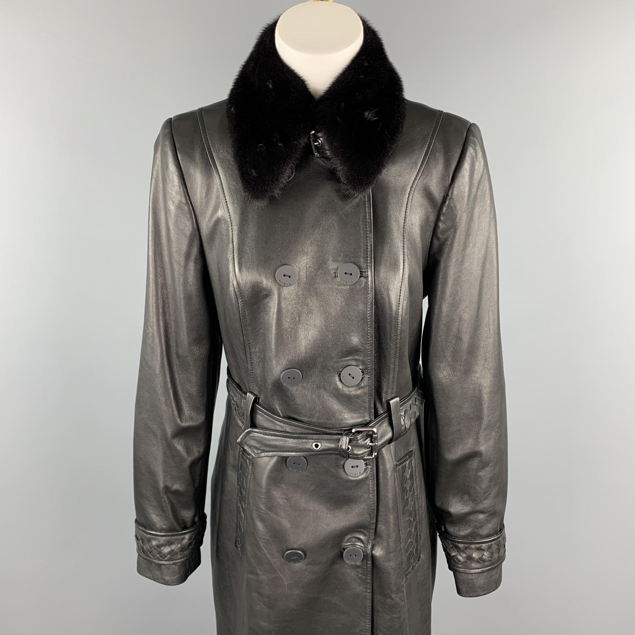 GIZIA coat comes in a black leather with a full liner featuring a fur collar detail, belted, braided cuffs, and a double breasted closure.

Excellent Pre-Owned Condition.
Marked: 40

Measurements:

Shoulder: 15.5 in. 
Chest: 36 in. 
Sleeve: 25.5 in.