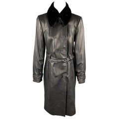 GIZIA Size 4 Black Leather Fur Collar Double Breasted Coat