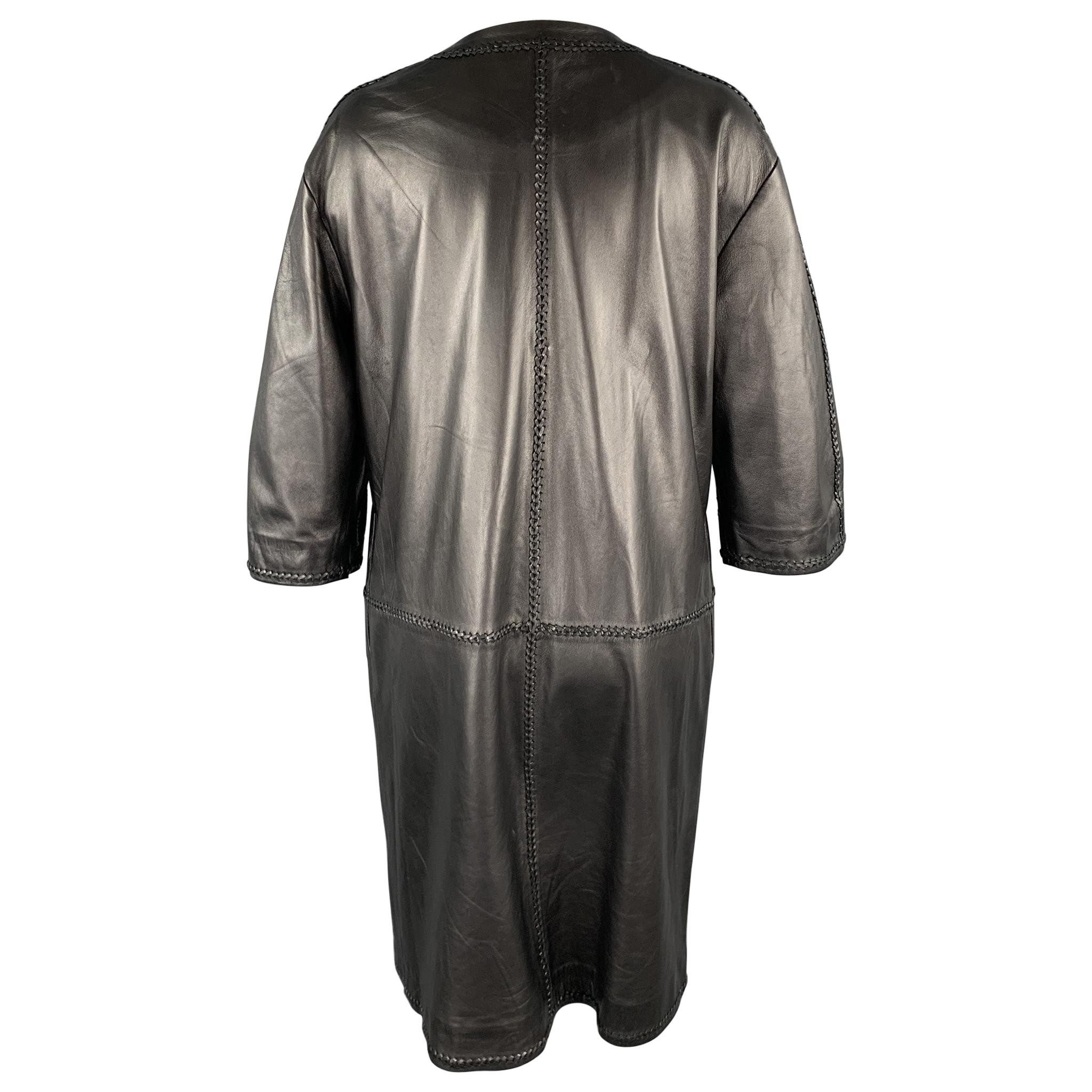 GIZIA Size 4 Black Leather Lamb Skin Braided Open Front Coat