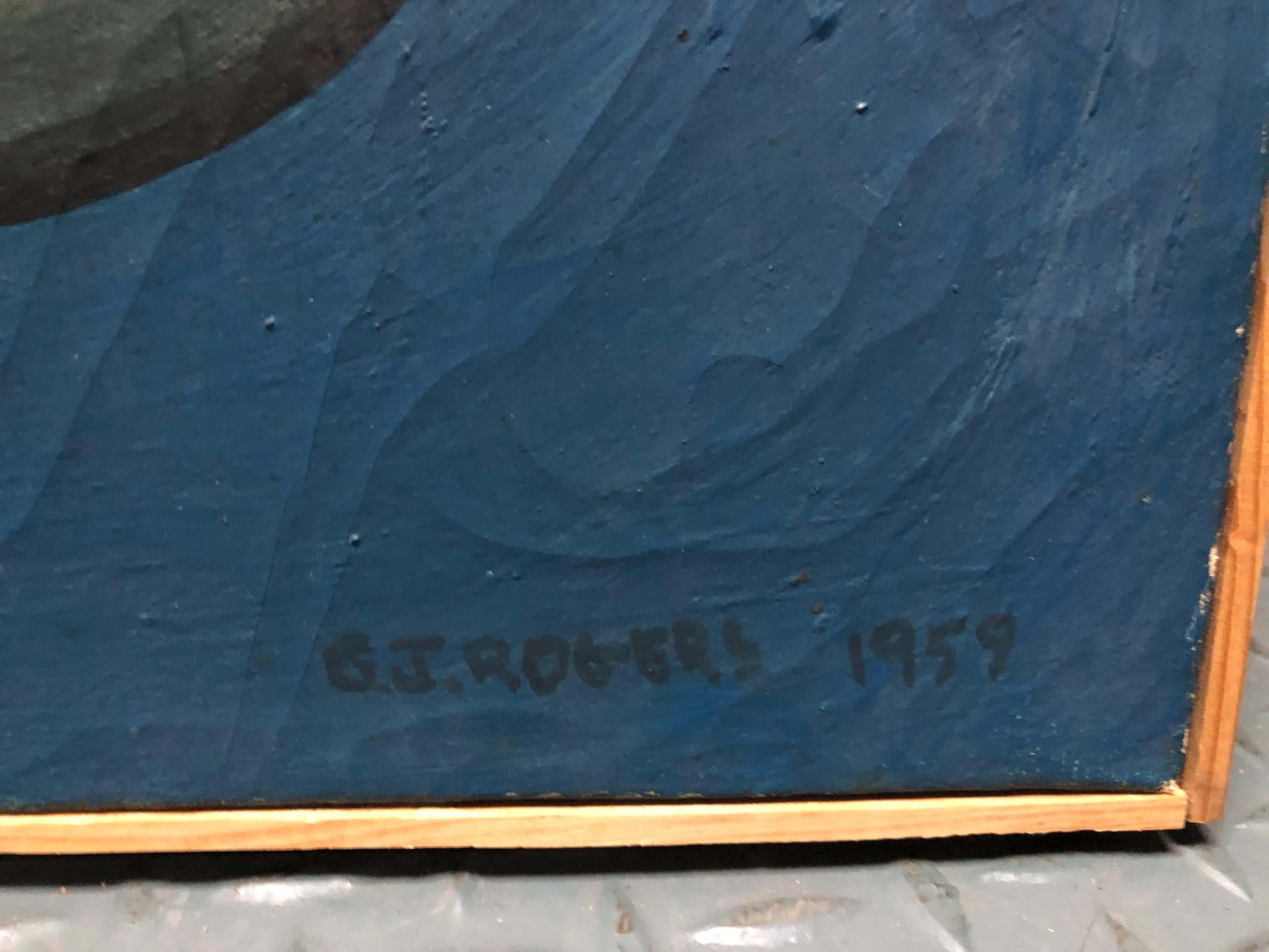 1959 Artista di Nyc Gj Rogers Surrealista Pittura originale d'epoca Blu e Verde in vendita 1