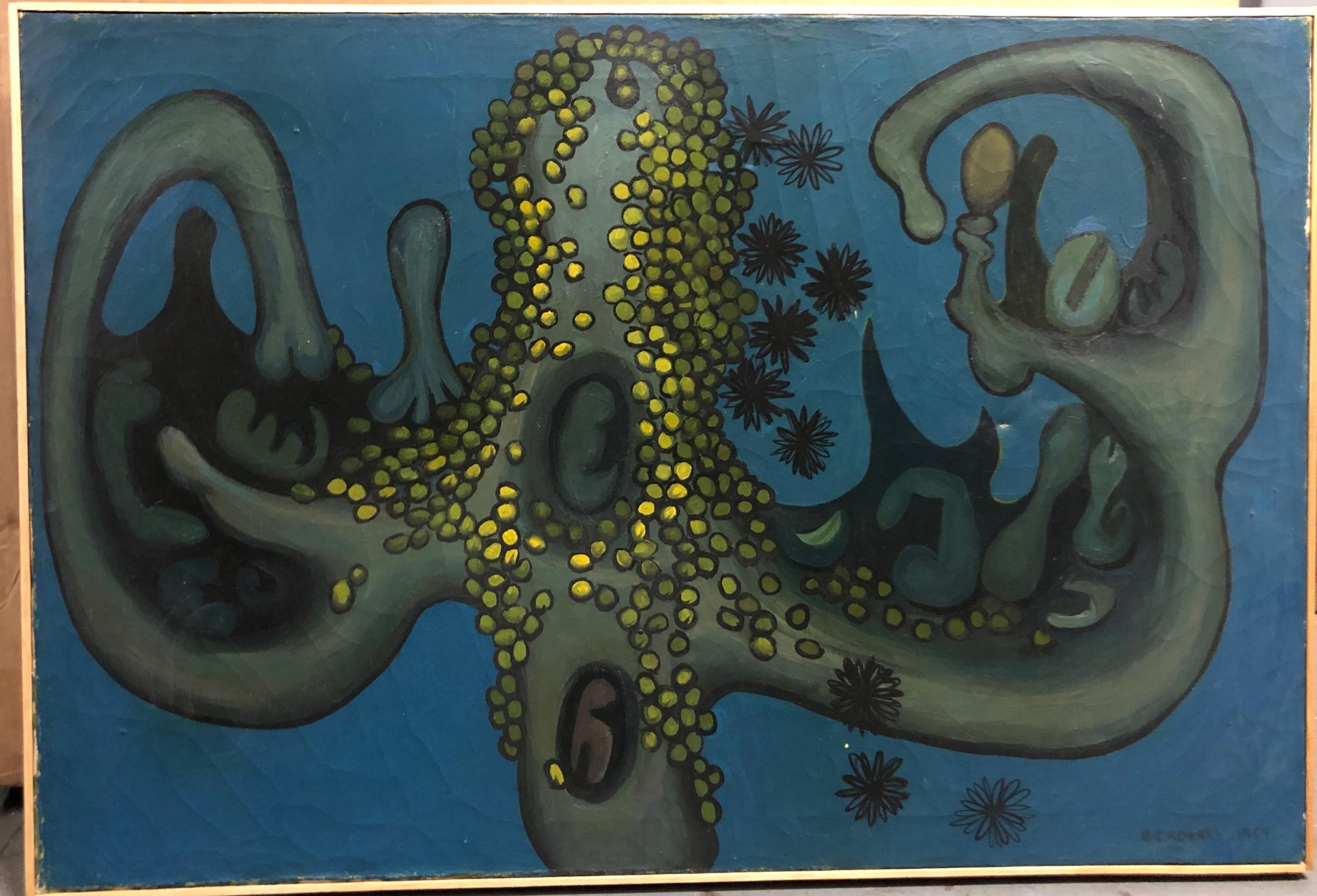 1959 Artista di Nyc Gj Rogers Surrealista Pittura originale d'epoca Blu e Verde - Painting di GJ Rogers
