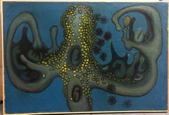 1959 Nyc Artista Gj Rogers Surrealista Pintura Original Vintage Azul y Verde