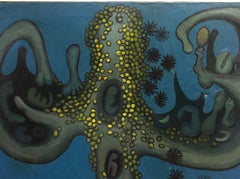 Surreal Octopus Painting, Oil on Canvas, Signed, 1959, 36"x24.5" NYC Artist