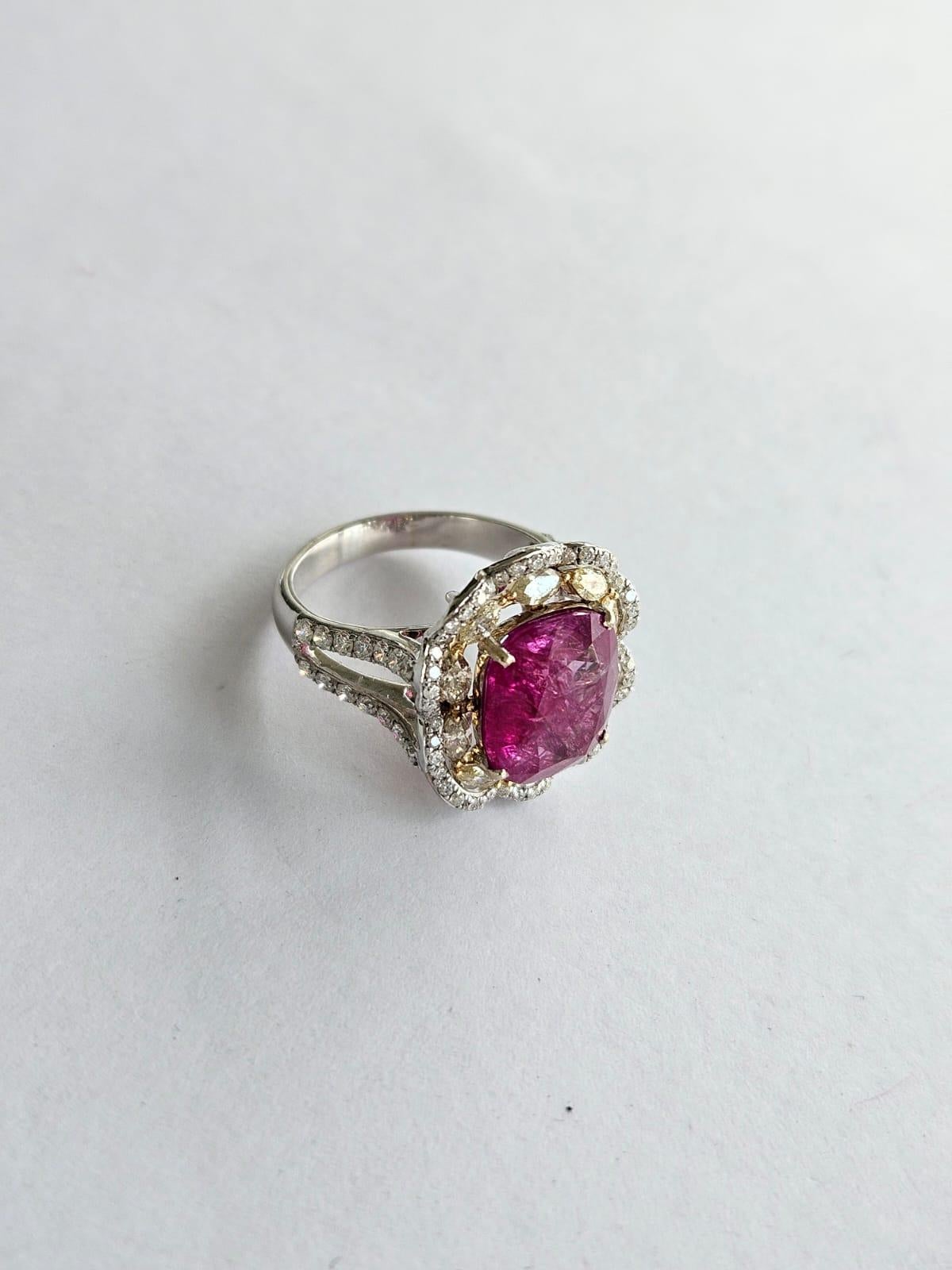 Cushion Cut GJEPC Certified 6.24 carats unheat natural Burma Ruby & Diamonds Engagement Ring For Sale