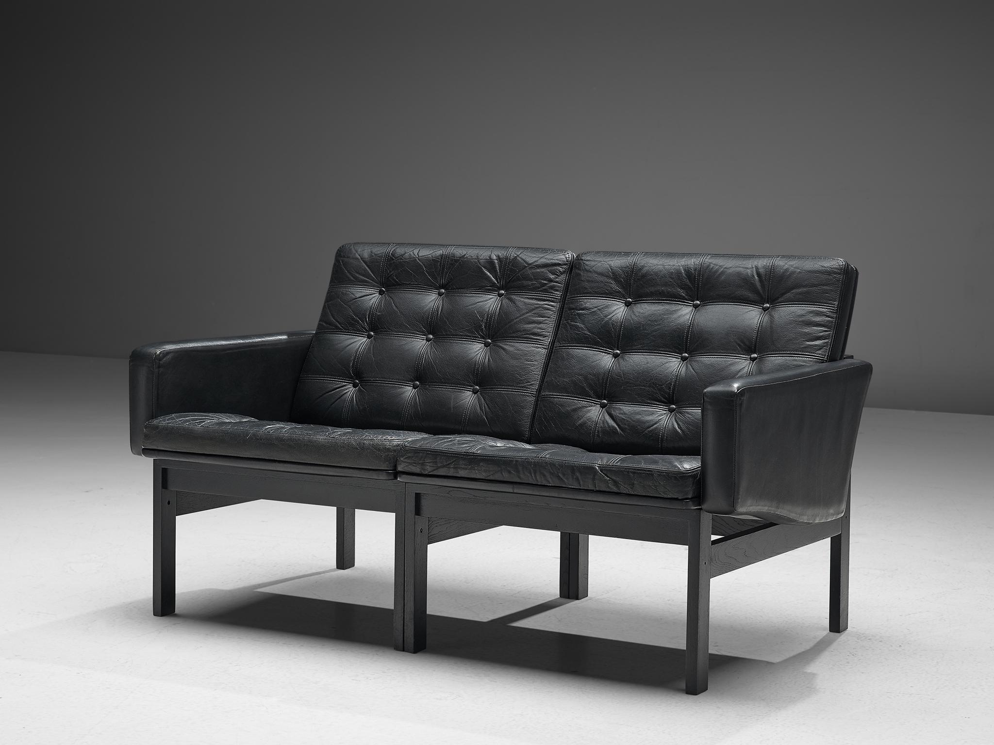 Gjerløv-Knudsen and Lind 'Moduline' All Black Leather Settee In Good Condition In Waalwijk, NL