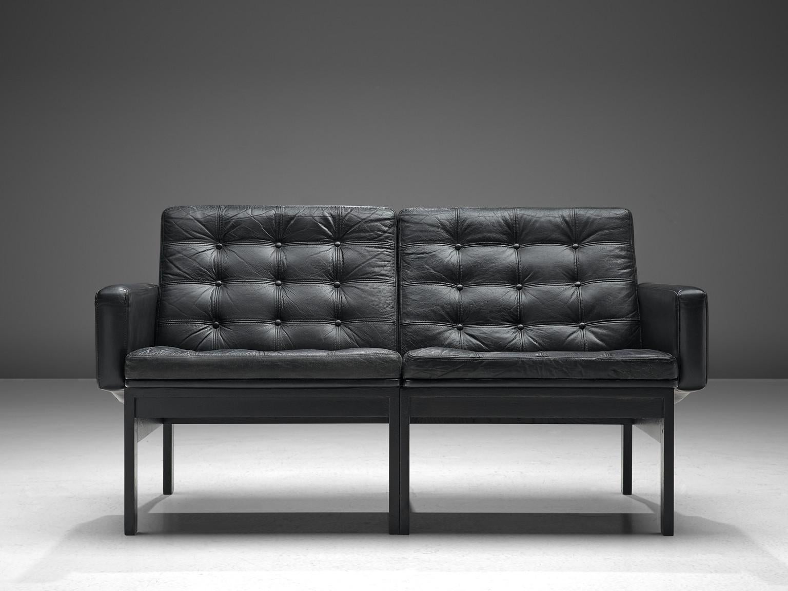 Gjerløv-Knudsen and Lind 'Moduline' All Black Leather Settee  In Good Condition For Sale In Waalwijk, NL