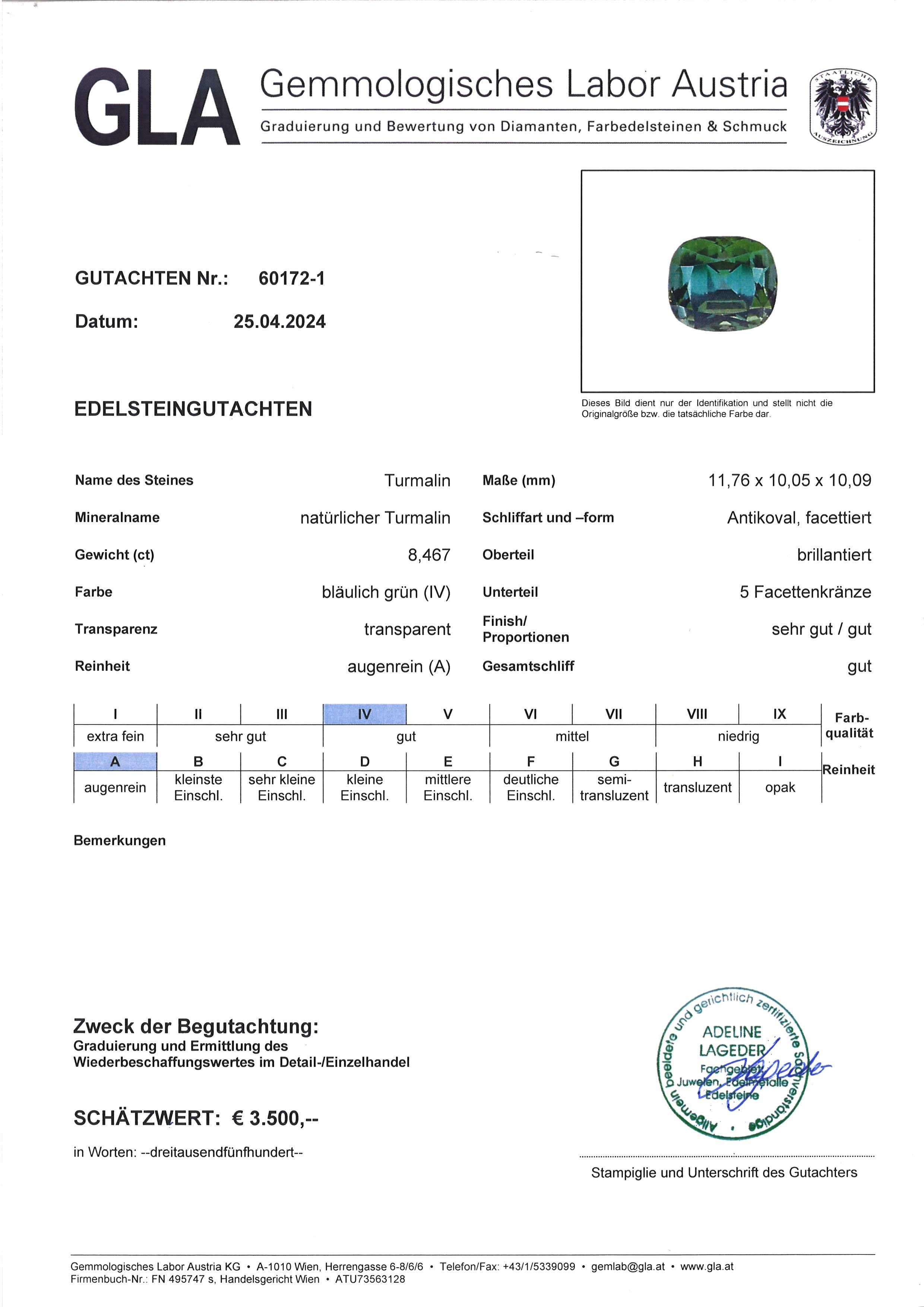 da uomo o donna Certificato GLA Tormalina  Afghanistan verde-menta 8,45 ct Gemma da investimento in vendita