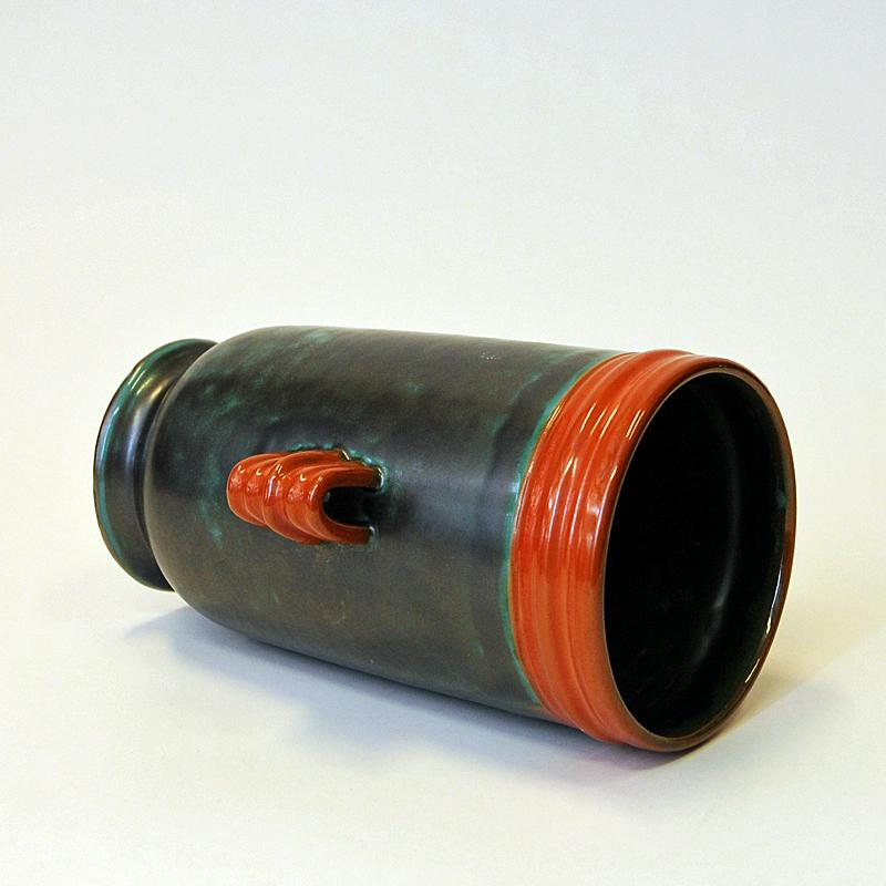 Swedish Glaced Brown Green and Orange Ceramic Vase by Upsala-Ekeby, Sweden, 1940s