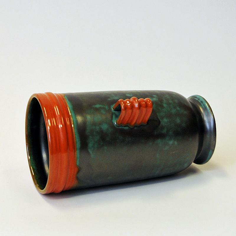 Glazed Glaced Brown Green and Orange Ceramic Vase by Upsala-Ekeby, Sweden, 1940s