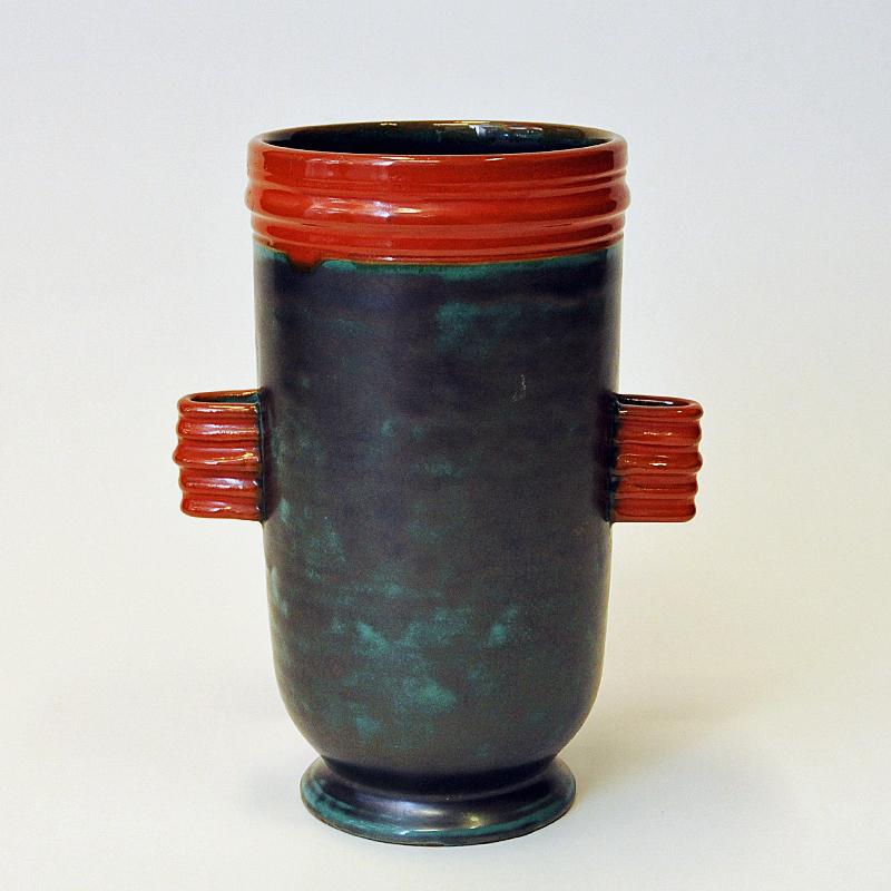 Glaced Brown Green and Orange Ceramic Vase by Upsala-Ekeby, Sweden, 1940s In Good Condition In Stockholm, SE