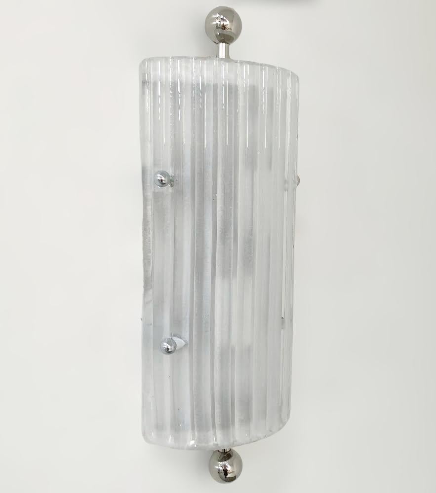 Italian wall light or flush mount shown in frosted Murano glass mounted on polished nickel finish frame / Designed by Fabio Bergomi for Fabio Ltd / Made in Italy
2 lights / E12 or E14 type / max 40W each 
Measures: Height 15 inches / Width 6