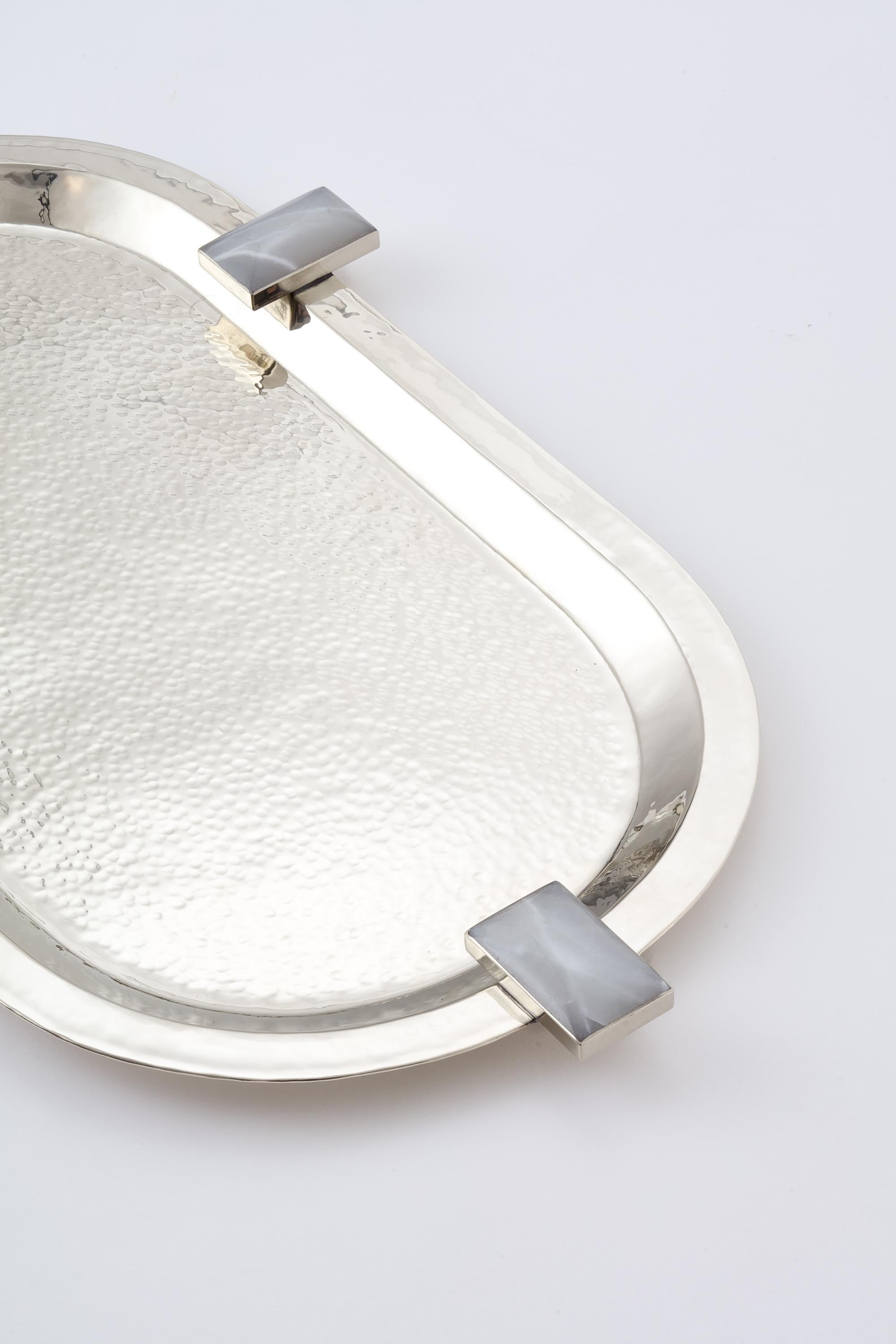 Modern Glaciar Large Silver Alpaca & Cream Onyx Stone Tray For Sale