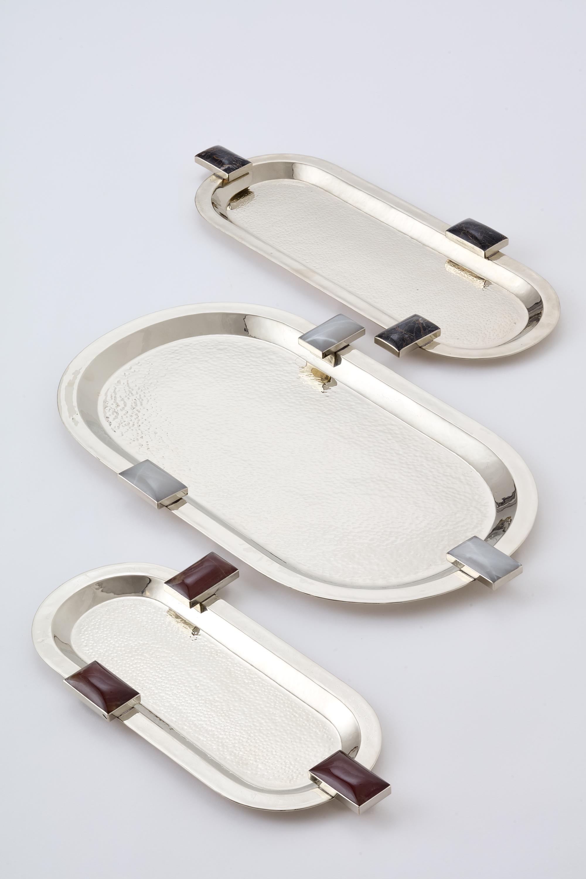 South American Glaciar Large Silver Alpaca & Cream Onyx Stone Tray For Sale