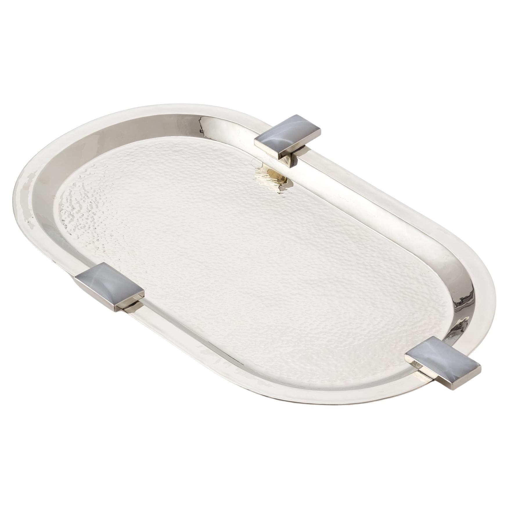 Glaciar Large Silver Alpaca & Cream Onyx Stone Tray For Sale